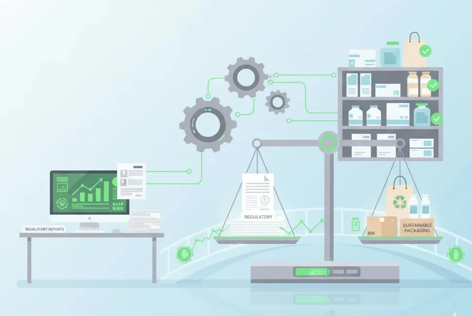 Illustration of EU compliance and sustainable packaging regulations, showing balanced scales with regulatory documents and eco-friendly packaging, symbolizing business continuity and smart investment.