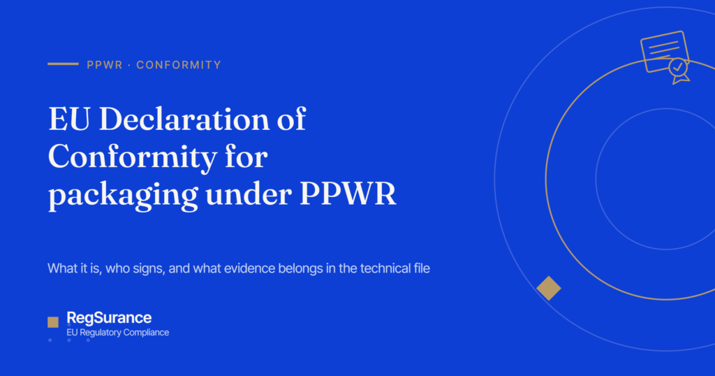 EU Declaration of Conformity for packaging under PPWR — RegSurance guide to what it is, who signs, and the technical file evidence.