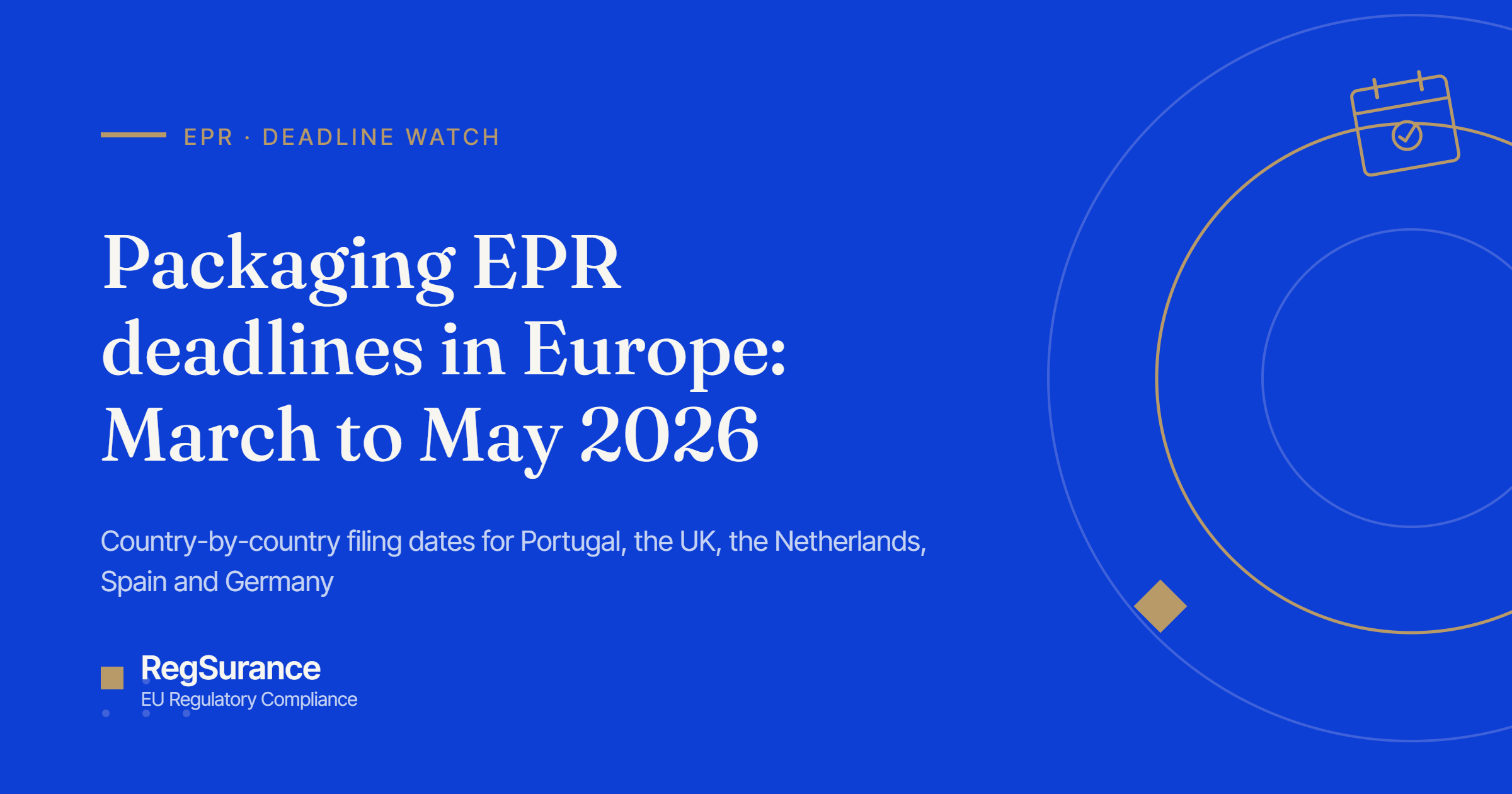 Packaging EPR deadlines in Europe, March to May 2026 — RegSurance guide to filing dates in Portugal, the UK, the Netherlands, Spain and Germany.
