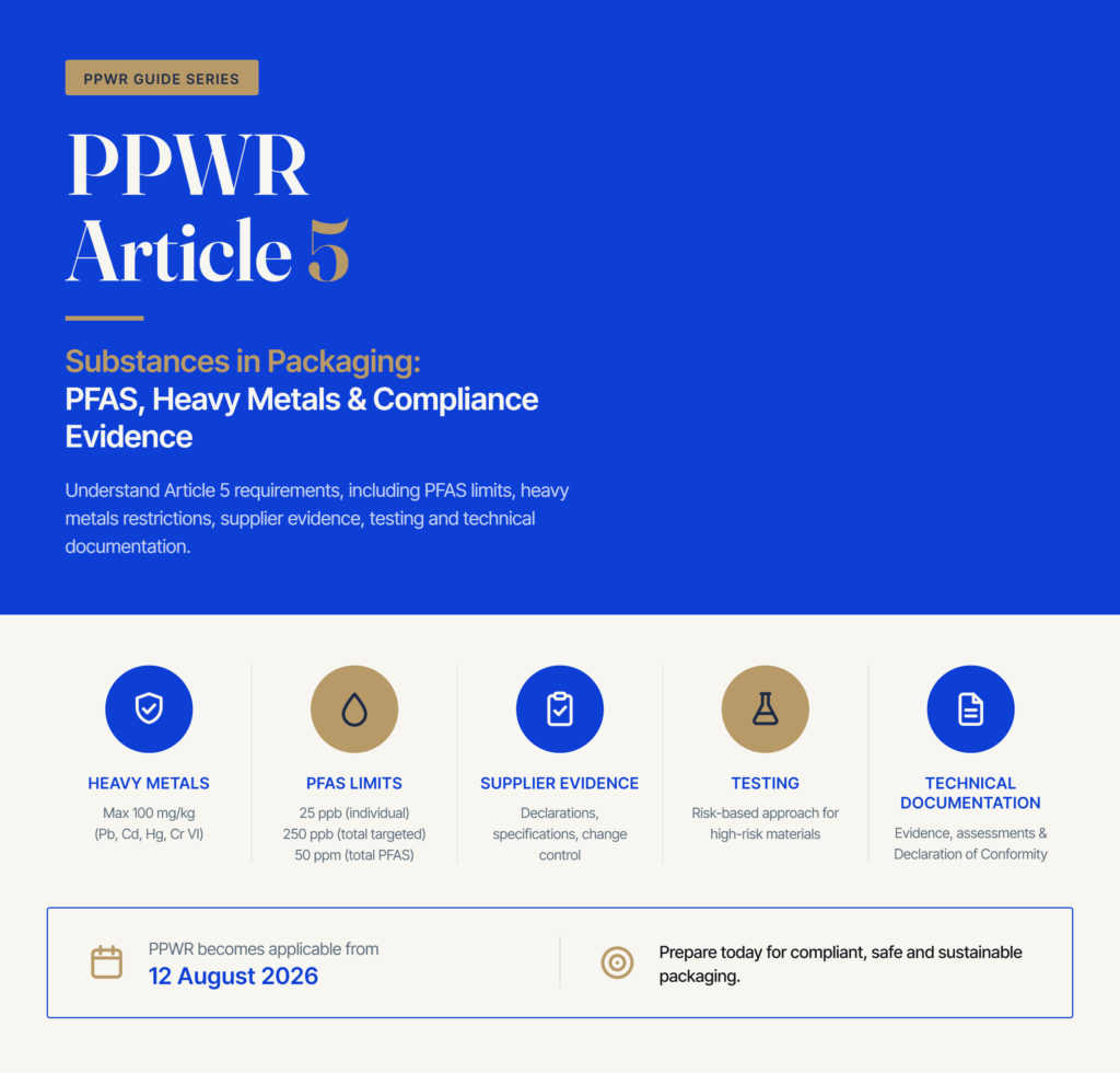 Infographic: PPWR Article 5 requirements — PFAS limits, heavy metal restrictions, supplier evidence, testing and technical documentation for compliant packaging